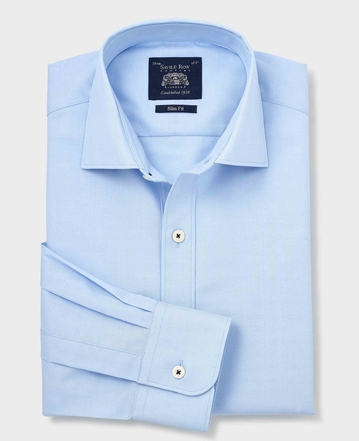 Men's Sky Blue Herringbone Cotton Slim Fit Formal Shirt With Single Cuffs folded