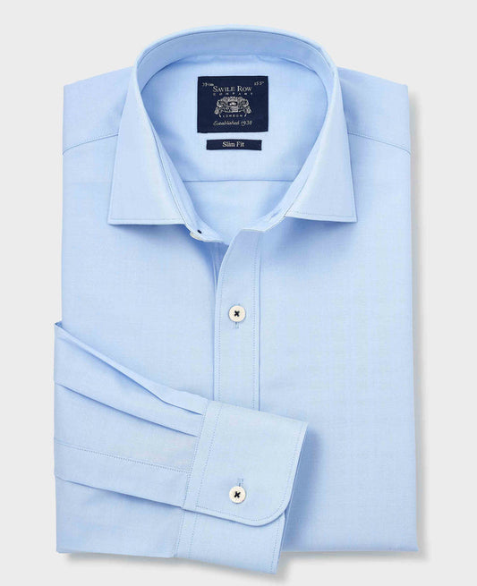 Men's Sky Blue Herringbone Cotton Slim Fit Formal Shirt With Single Cuffs folded