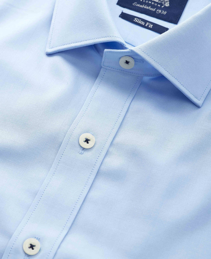 Men's Sky Blue Herringbone Cotton Slim Fit Formal Shirt With Single Cuffs collar detail