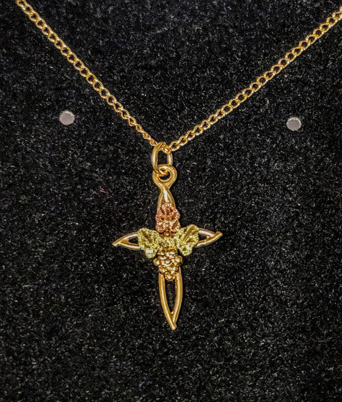Solid 10kt Three Tone, Small, Medium or Large Cross with Three Leaves Pendant, Red and Green Leaves, Includes 18" Chain, 641-918/644-918