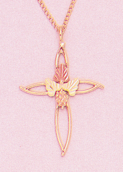 Solid 10kt Three Tone, Small, Medium or Large Cross with Three Leaves Pendant, Red and Green Leaves, Includes 18" Chain, 641-918/644-918