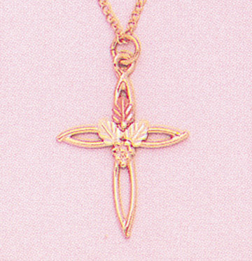 Solid 10kt Three Tone, Small, Medium or Large Cross with Three Leaves Pendant, Red and Green Leaves, Includes 18" Chain, 641-918/644-918