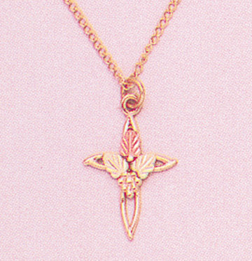 Solid 10kt Three Tone, Small, Medium or Large Cross with Three Leaves Pendant, Red and Green Leaves, Includes 18" Chain, 641-918/644-918