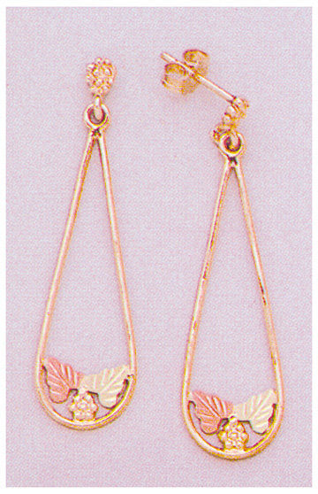 Solid 10kt Three Tone, Two Leaf Long Dangle Stud Earrings (1 Set), Red and Green Leaves, 642-450