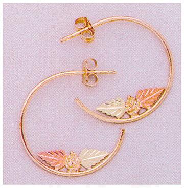 Solid 10kt Three Tone, Two Leaf Side Front Loop Stud Earrings (1 Set), Red and Green Leaves, 642-430