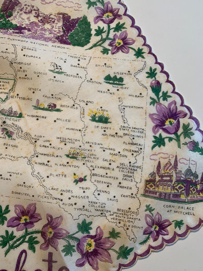 South Dakota Souvenir Cotton Handkerchief circa 1950s