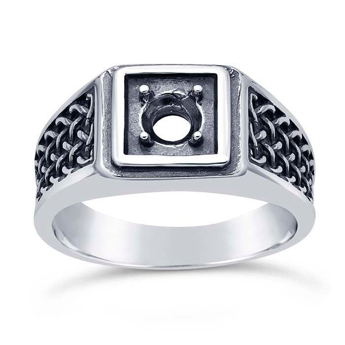 Sterling Silver Woven 5mm Round Ring Mounting, Men's blank Faceted Round, setting Size 9 to 11