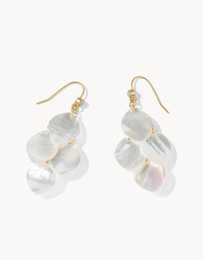 Pair of earrings with white stones and gold hooks on a white background
