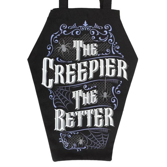 close up of the creepier the better text on gothic coffin bag