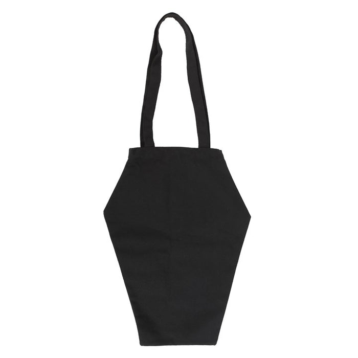 rear view of coffin shaped bag showing structured gothic design