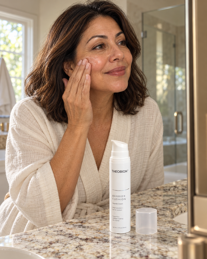 Woman using Theobion Barrier Cushion Peptide Cream
