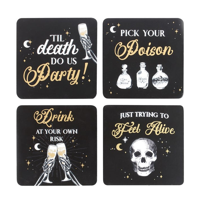 skeleton coaster set showing four witty gothic designs arranged together