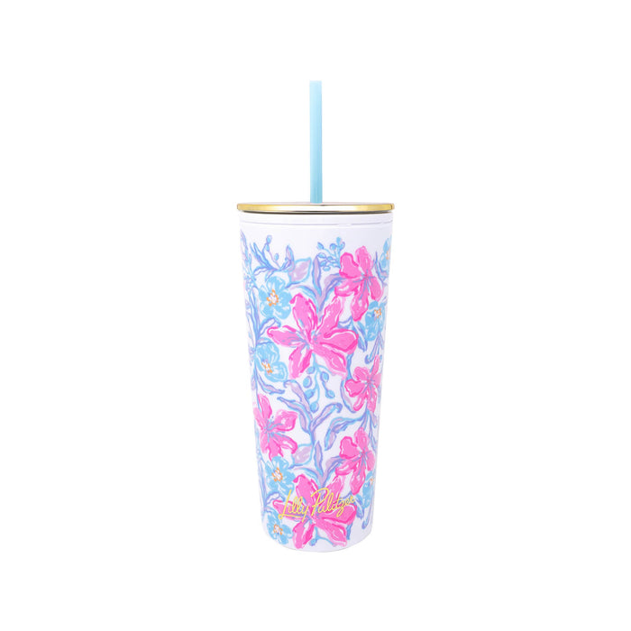 Floral-patterned tumbler with a straw on a white background