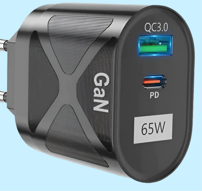 USB wall charger with two ports labeled QC3.0 and PD, capable of 65W output.