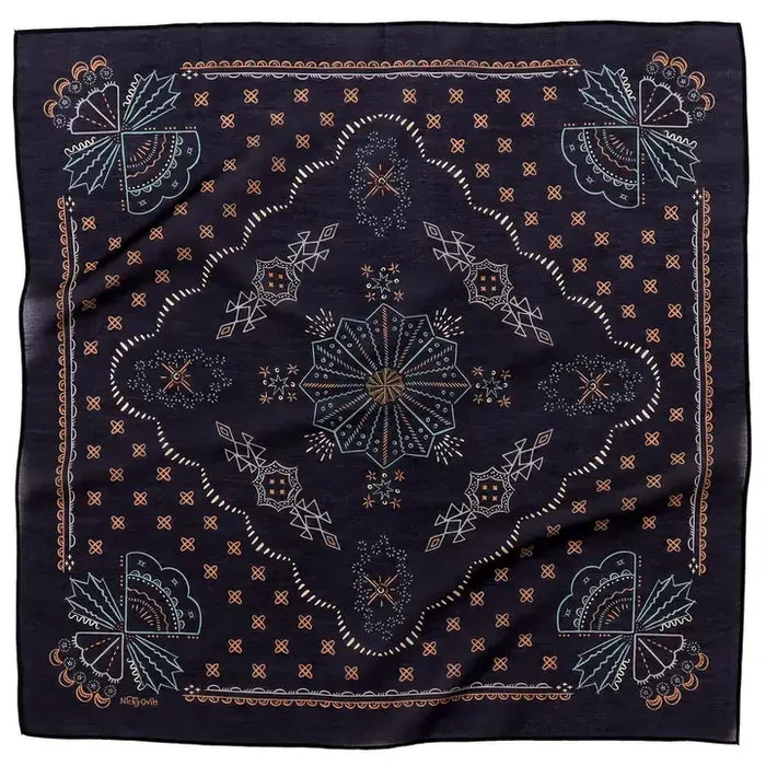 A square navy blue bandana featuring an intricate central mandala design and traditional geometric borders in white, light blue, and brown.