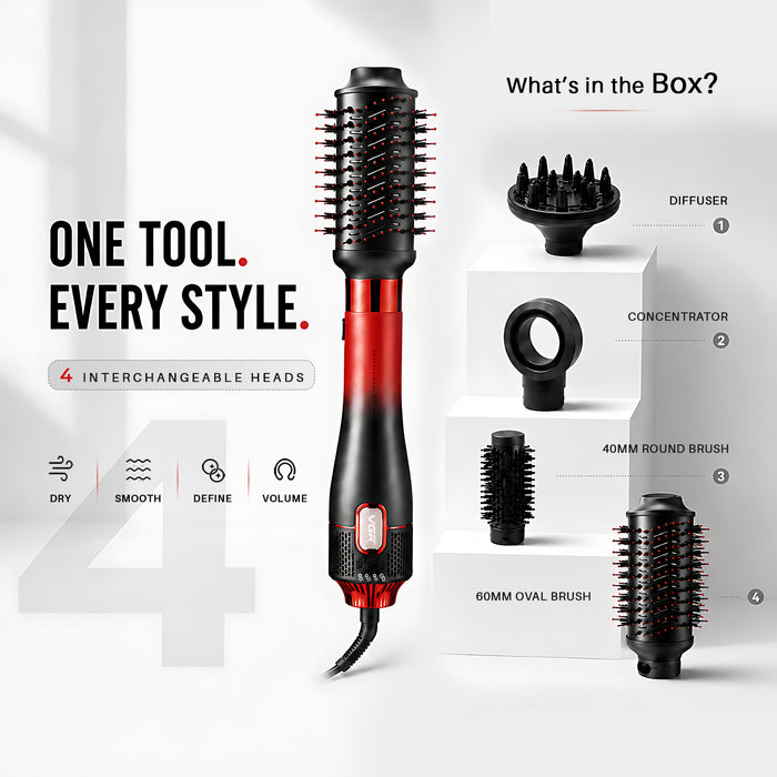 VGR Professional 4-in-1 Hot Air Brush with 20000 RPM and 1000-1100W, Red & Black (V-484)