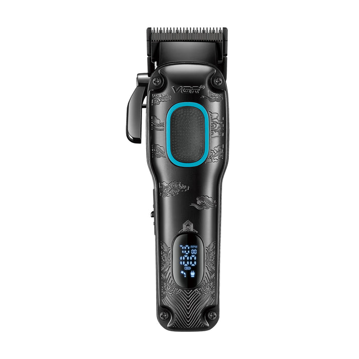 Black cordless hair clippers with a blue LED display and a blue accent ring, featuring decorative dragon engravings on a white background.