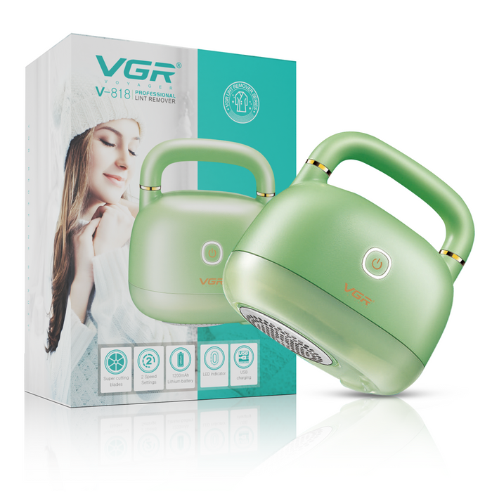 A green VGR V-818 Professional Lint Remover lint roller, alongside its packaging box.