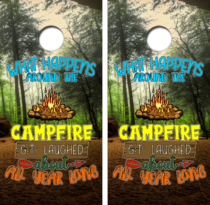 What Happens Around the Campfire Cornhole Design