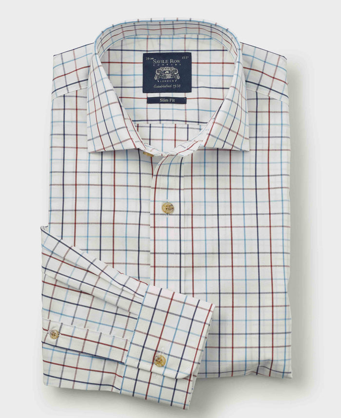 Men's White Red Cotton Tattersall Check Slim Fit Formal Shirt With Single Cuffs folded