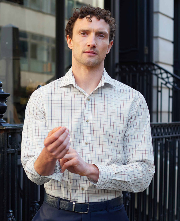 Men's White Red Cotton Tattersall Check Slim Fit Formal Shirt With Single Cuffs model shot