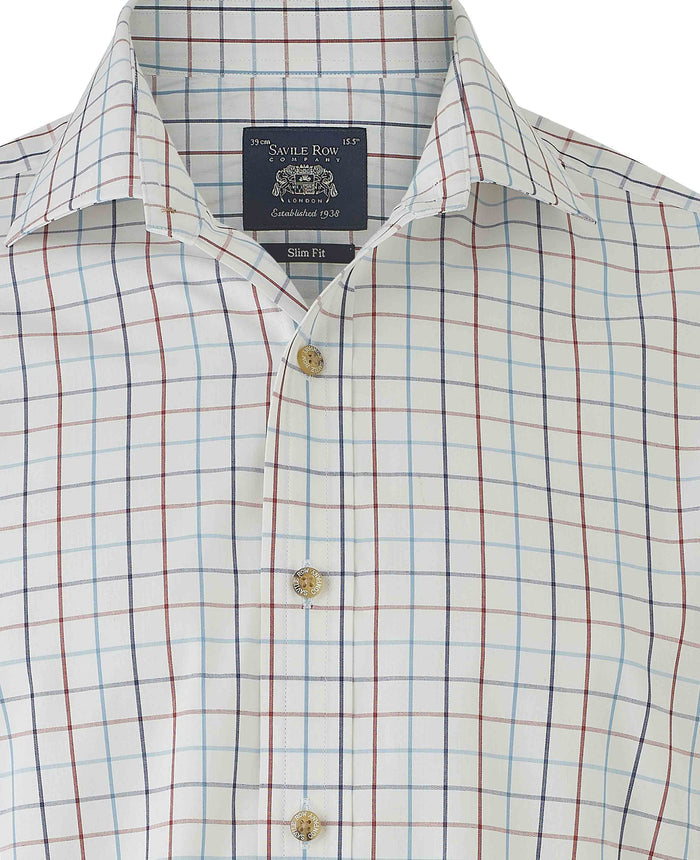 Men's White Red Cotton Tattersall Check Slim Fit Formal Shirt With Single Cuffs collar detail