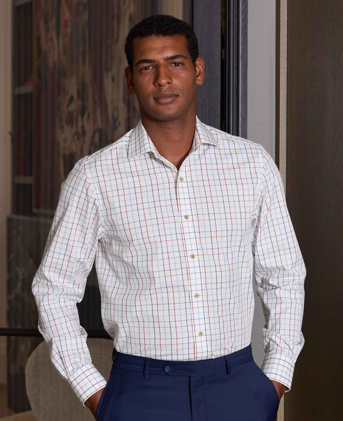 Men's White Red Cotton Tattersall Check Slim Fit Formal Shirt With Single Cuffs model shot