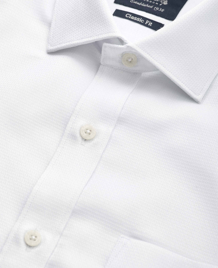 Men's White Textured Cotton Classic Fit Formal Shirt - Double Cuff collar detail