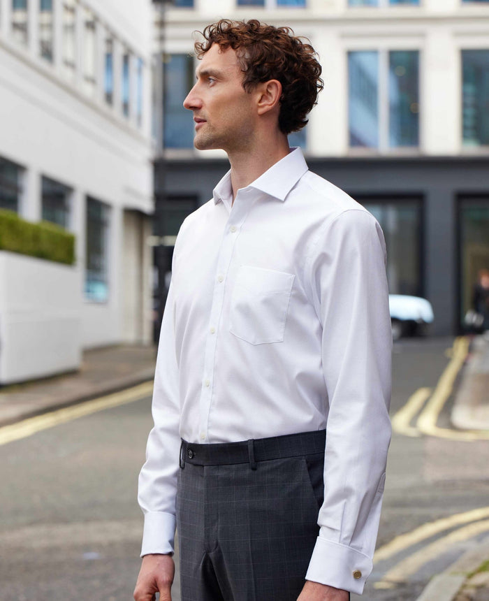 Men's White Textured Cotton Classic Fit Formal Shirt - Double Cuff model shot