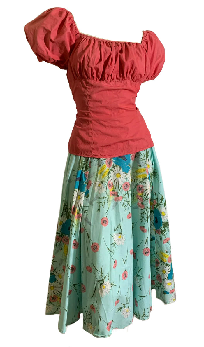 Wildflower Bouquet Print Sky Blue Circle Skirt circa 1950s