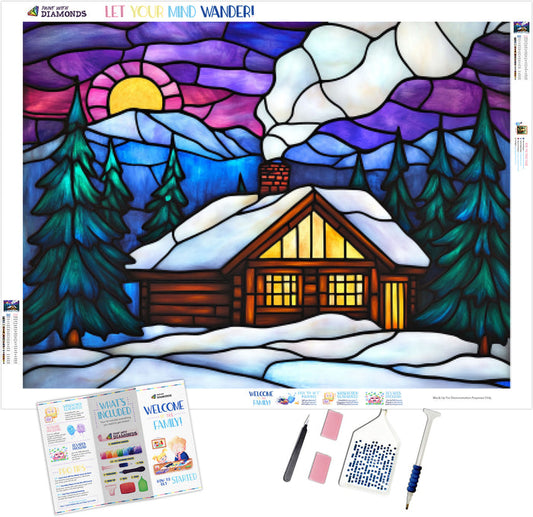 Winter Cabin Purple Skies Stained Glass