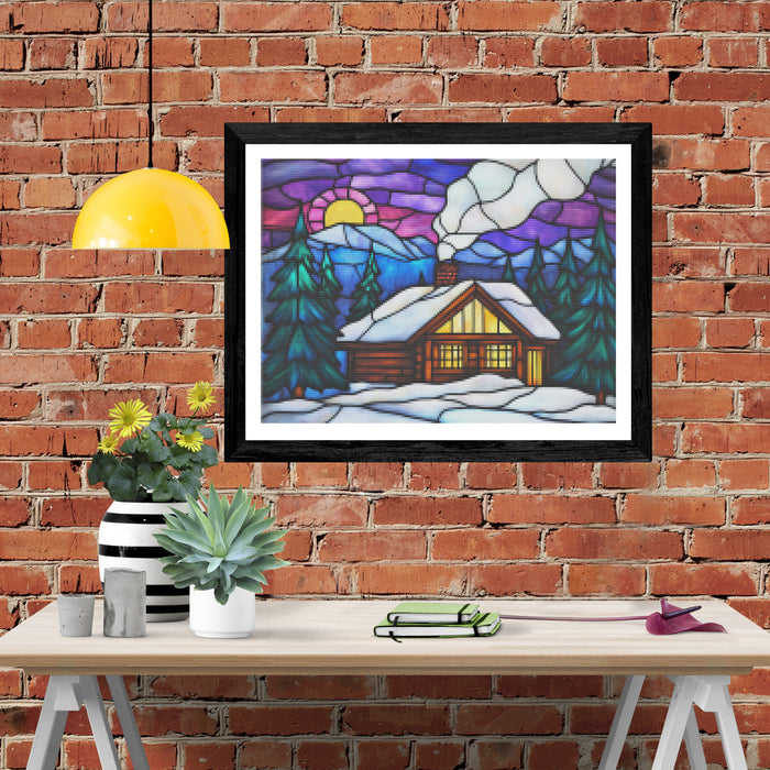 Winter Cabin Purple Skies Stained Glass