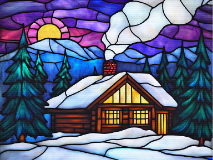 Winter Cabin Purple Skies Stained Glass